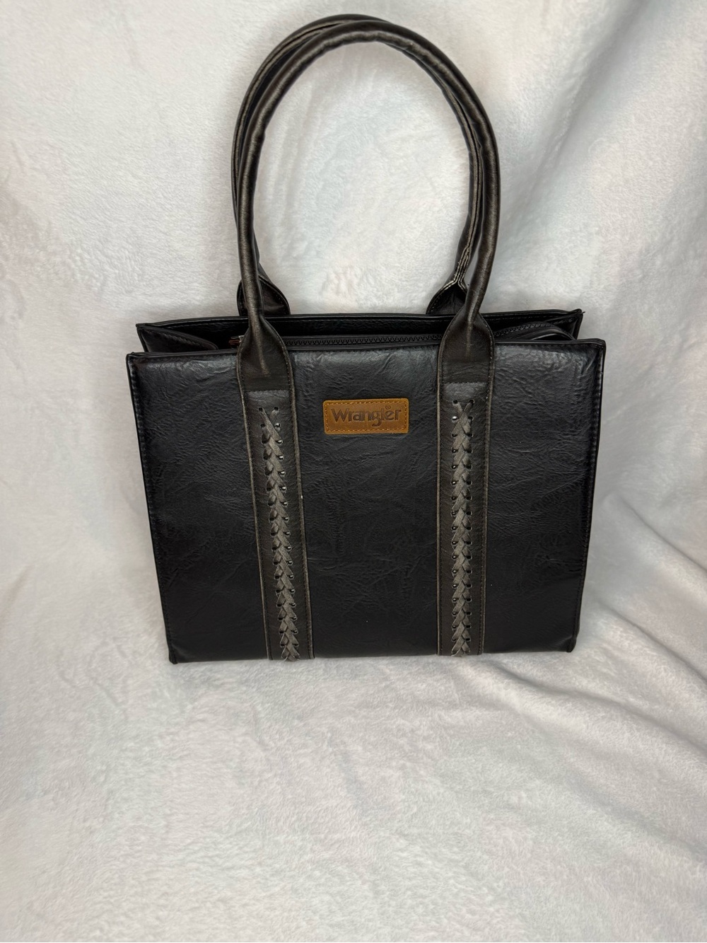 Wrangler Black Faux-Leather Tote with Contrast Stitching
